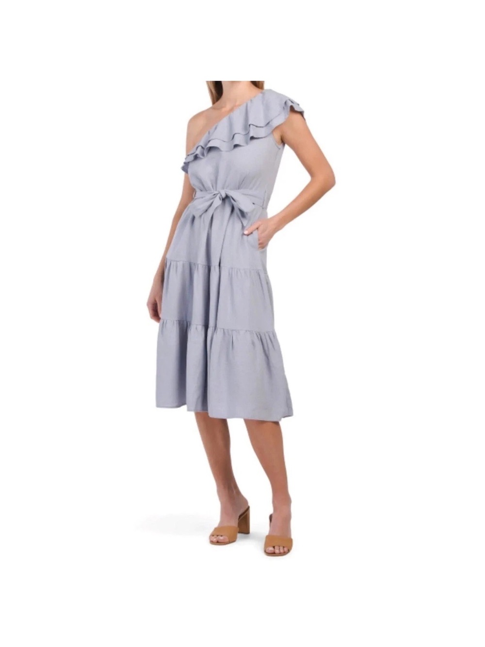 Nicole Miller One-Shoulder Ruffle Tie-Waist Midi Dress - Light Blue